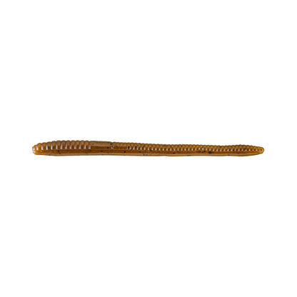 The Zoom Finesse Worm 4.5" (20pk) by Zoom, shown in brown with a ribbed design, is worm-shaped and displayed on a white background—perfect for bass fishing.