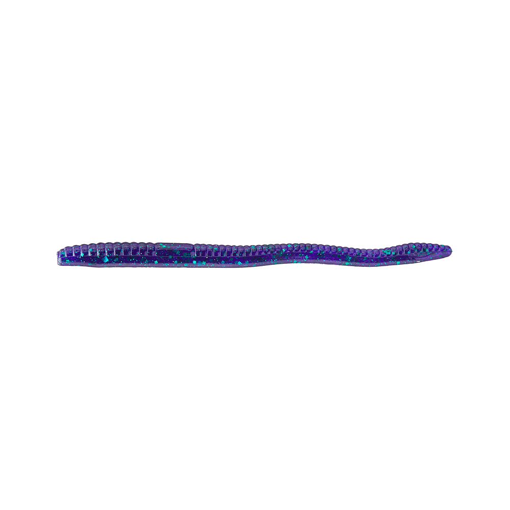 The Zoom Finesse Worm 4.5" 20pk by Zoom is a soft plastic, purple and blue ribbed lure with green glitter, ideal for bass fishing.