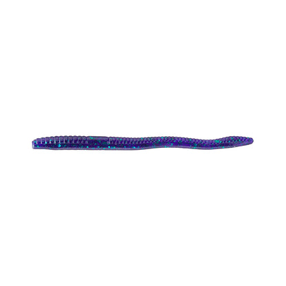 The Zoom Finesse Worm 4.5" 20pk by Zoom is a soft plastic, purple and blue ribbed lure with green glitter, ideal for bass fishing.