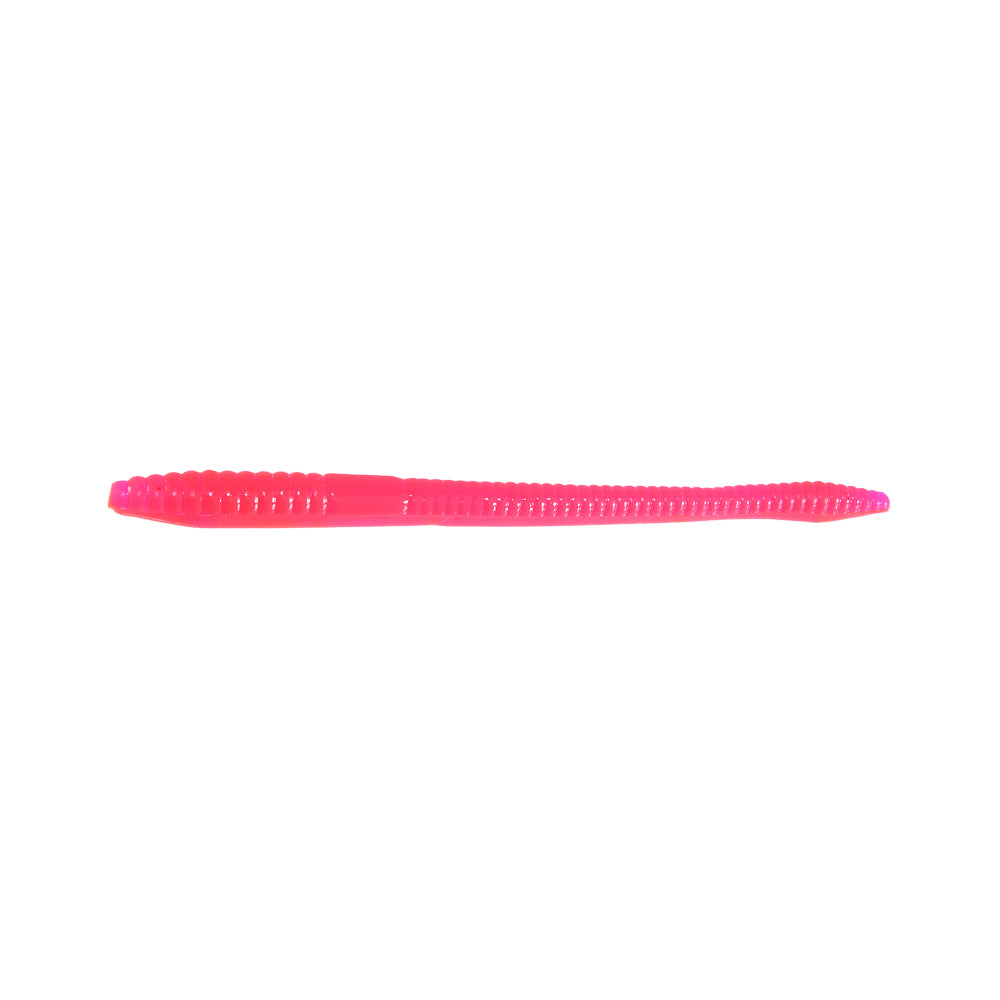 The Zoom Finesse Worm 4.5" by Zoom is a bright pink, soft plastic lure with ribbed texture, ideal for bass fishing. Pack contains 20 worms, shown on a white background.
