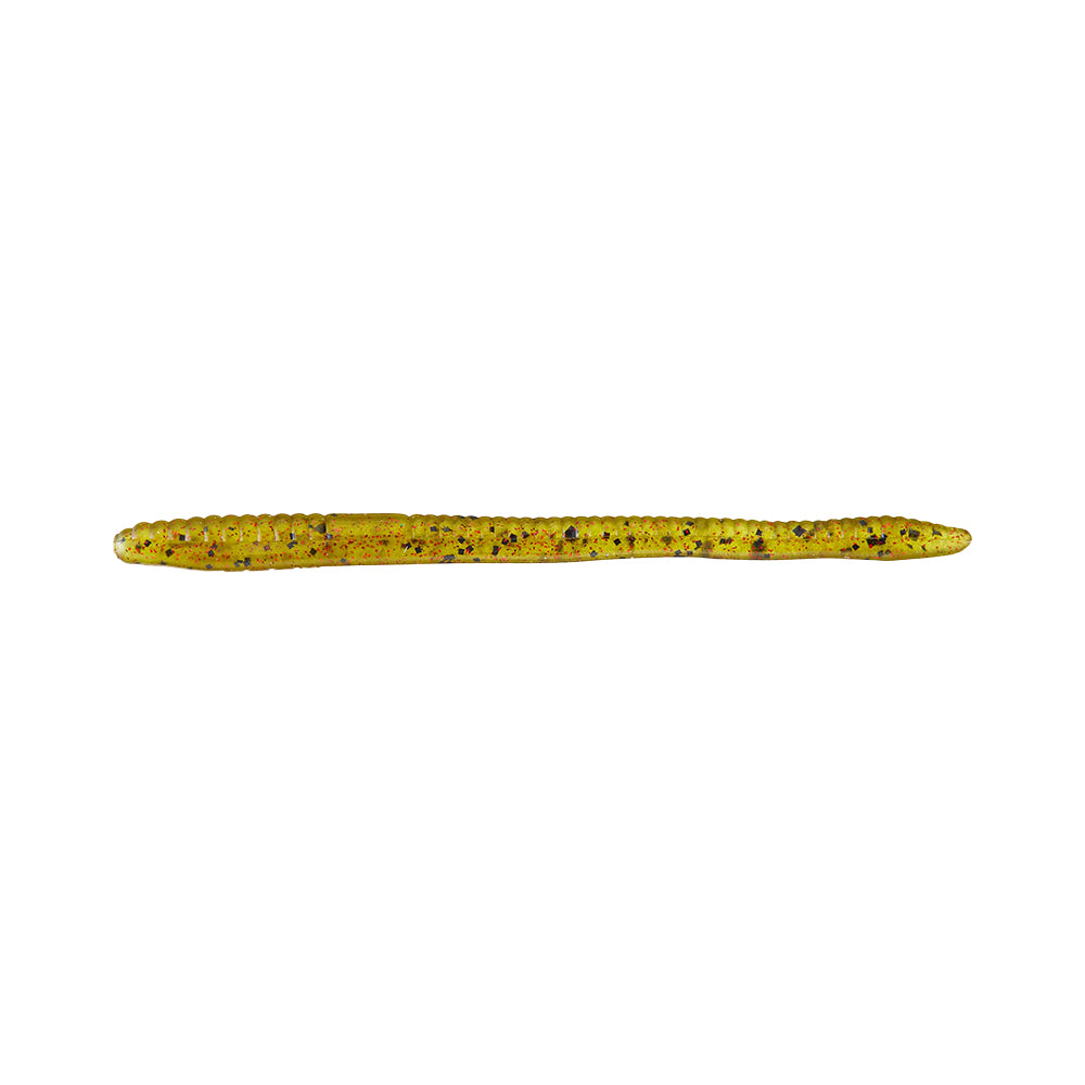 The Zoom Finesse Worm 4.5" by Zoom is a yellowish-green soft plastic worm lure with black and dark green speckles, ideal for bass fishing. Comes in a pack of 20 and is shown on a white background.