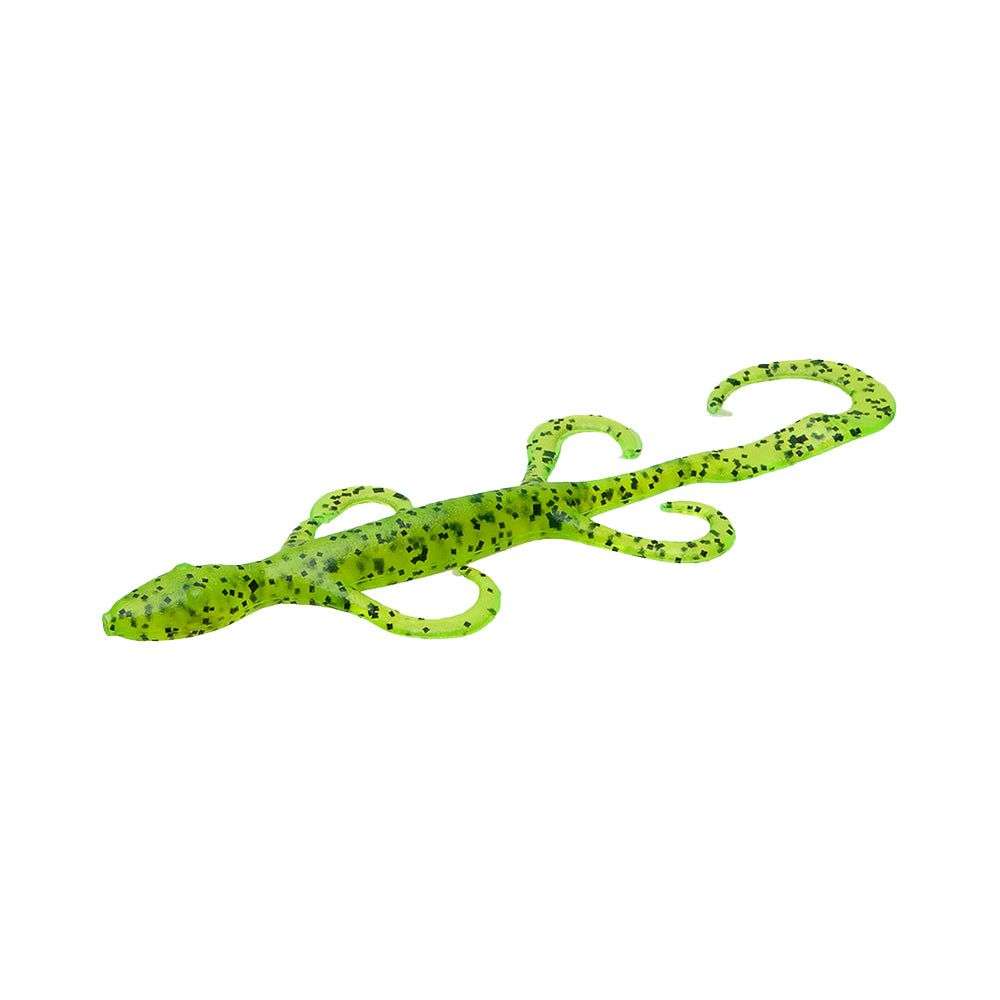 The Zoom Lizard 6" fishing lure by Zoom, shown on a white background, features a green body with black specks, curled tail, and wavy limbs. Available in a 9-pack.