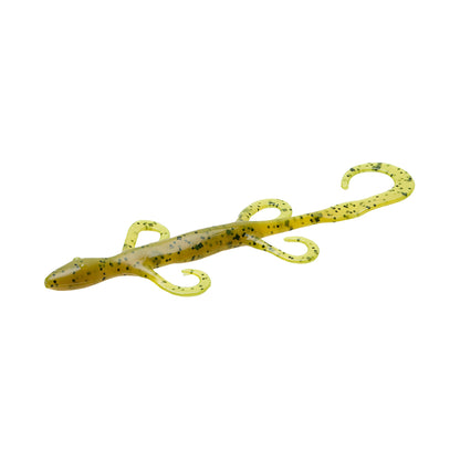 The Zoom Lizard 6" 9pk by Zoom is a yellow fishing lure with black speckles, shaped like a lizard with four curled legs and a curled tail.