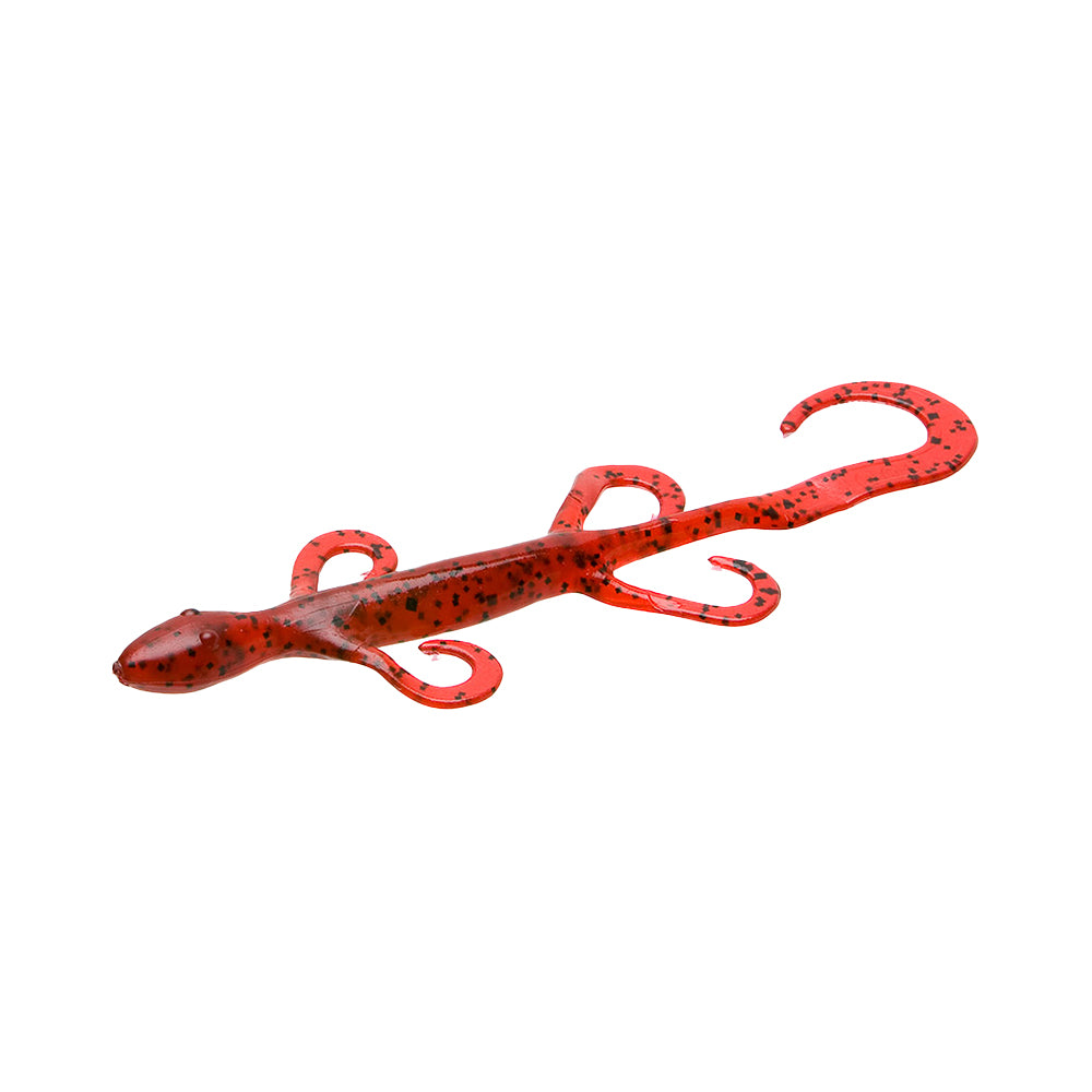 The Zoom Lizard 6" fishing lure by Zoom, shown on a white background, features a red and black spotted lizard shape with four legs and a curled tail. Comes in a 9 pack.