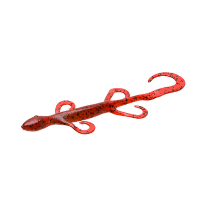 The Zoom Lizard 6" fishing lure by Zoom, shown on a white background, features a red and black spotted lizard shape with four legs and a curled tail. Comes in a 9 pack.