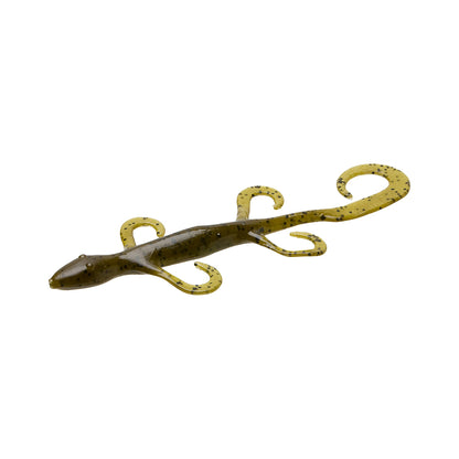 The Zoom Lizard 6" 9pk by Zoom features olive green lures with black speckles and curled tails, expertly crafted to mimic real lizards and attract fish.