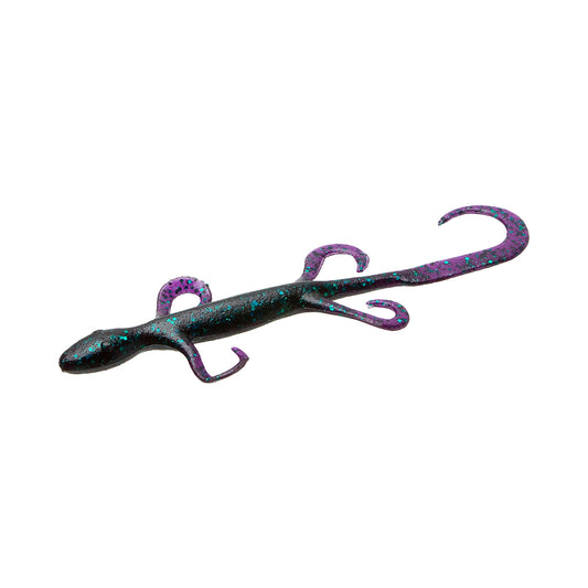 The Zoom Lizard 6" 9pk by Zoom features dark lizard-shaped fishing lures with purple and blue speckles and curly leg and tail appendages.