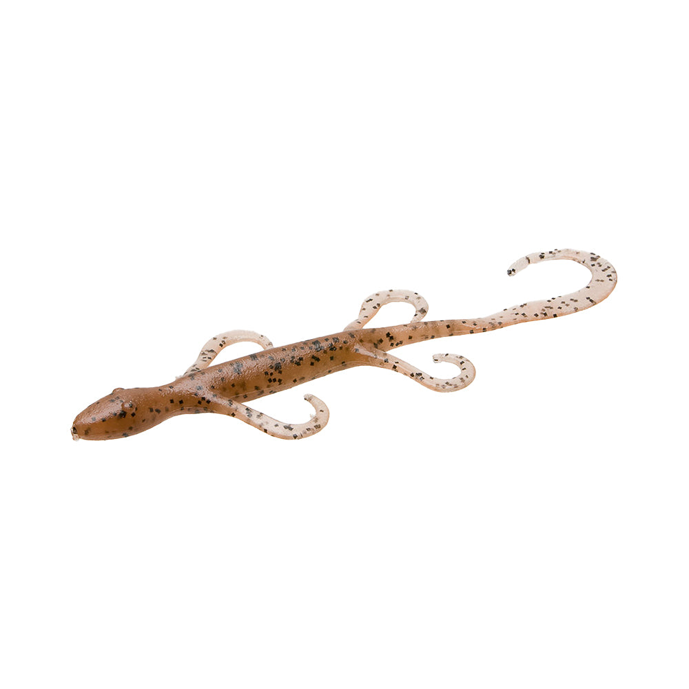 A Zoom Lizard 6" fishing lure by Zoom, brown with black speckles and four curly legs, is shown against a white background.