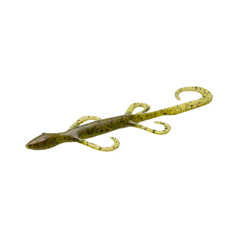 The Zoom Lizard 6" fishing lure by Zoom features four curled legs, a curled tail, and a green body with black speckles. Pack of 9. Set against a white background.