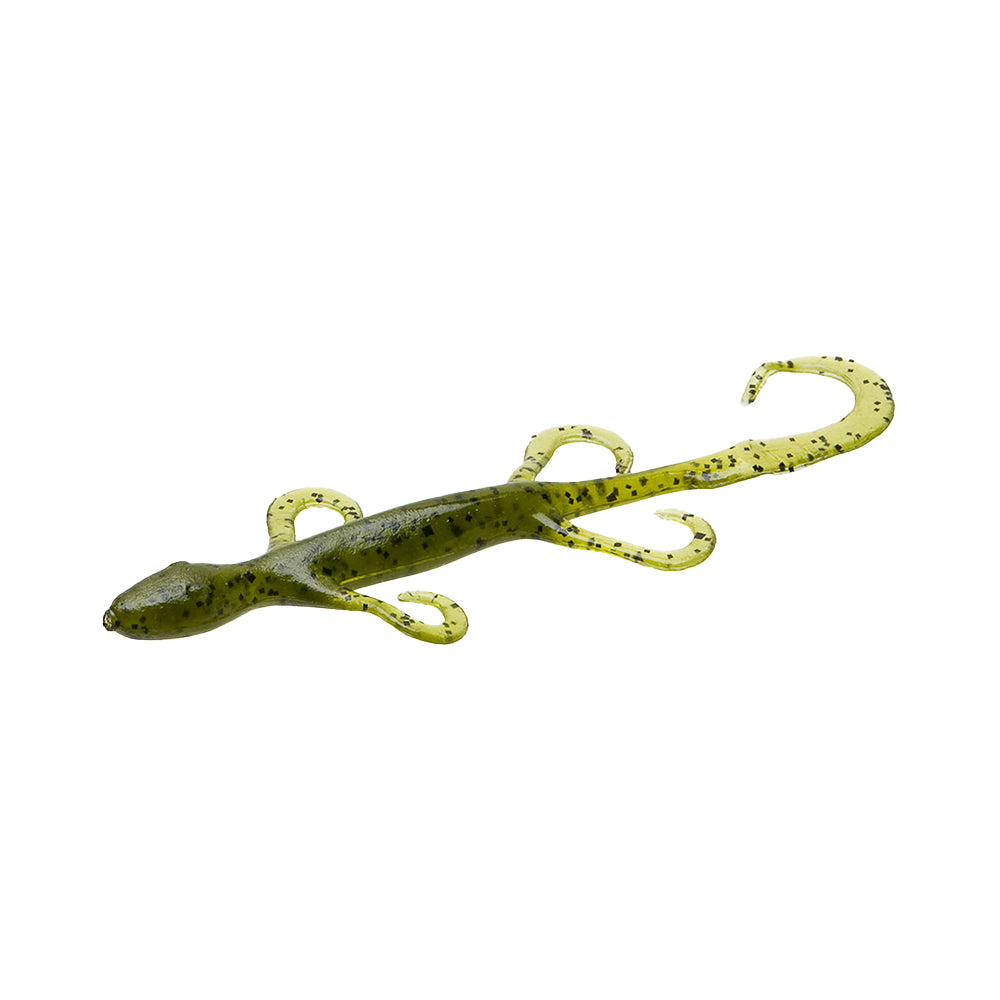 The Zoom Lizard 6" by Zoom is a green, soft plastic fishing lure shaped like a lizard with a curled tail and four curled-limb extensions, shown on a white background. Available in a 9-pack.
