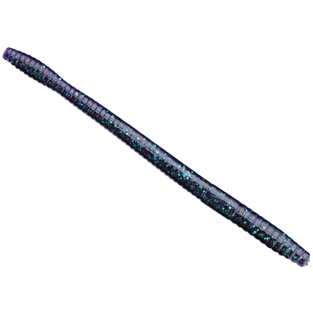 The Zoom Magnum Trick Worm by Zoom is a segmented, purple and blue glittery fishing lure, ideal for bass fishing or wacky rigs, displayed against a white background.