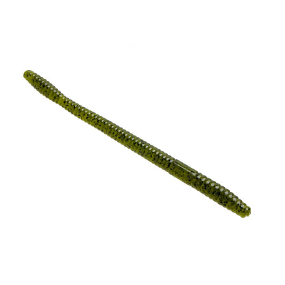 A Zoom Magnum Trick Worm, a green ribbed artificial lure with black speckles, is pictured on a white background—perfect for bass fishing or using with a wacky rig.