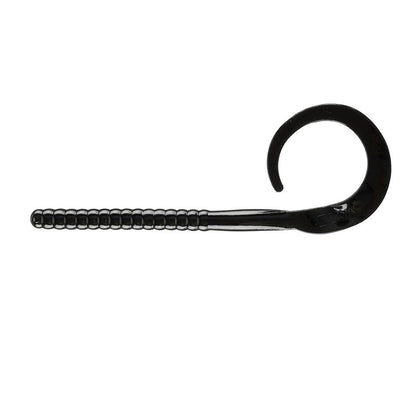A black Zoom Ol Monster Worm fishing lure by Zoom, featuring a curved, ribbed body and spiral tail—perfect for bass fishing, shown isolated on a white background.
