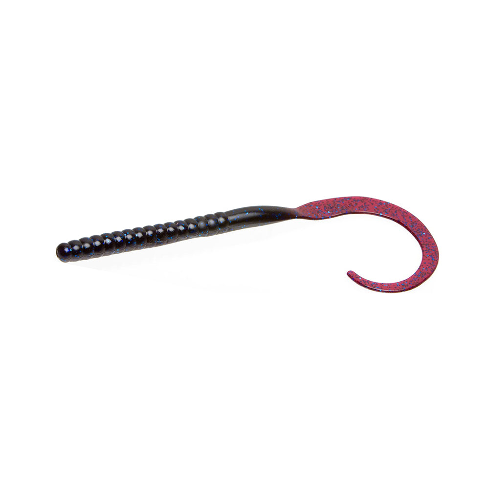 The Zoom Ol Monster Worm by Zoom is a soft plastic bass fishing worm with a ribbed black body and a curled, hook-shaped tail accented with red speckles—ideal for attracting big bites, similar to the classic Zoom 10.5" Worm.