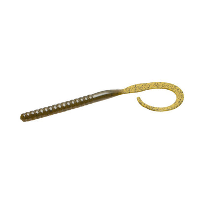 The Zoom Ol Monster Worm by Zoom is a soft plastic bass lure featuring a ribbed dark brown body and a curled yellow tail with black spots, designed to imitate a worm or grub.