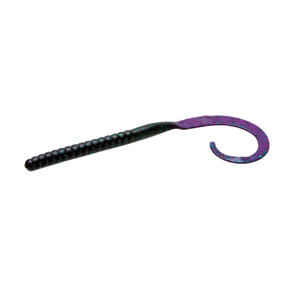 The Zoom Ol Monster Worm by Zoom is a soft plastic bass fishing lure with a ribbed body, curled tail, and a dark green color accented with purple and blue flecks.