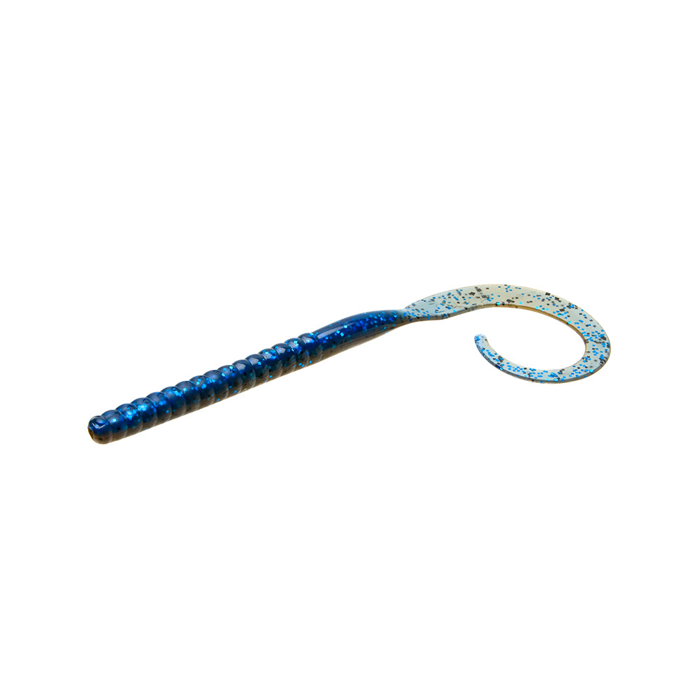 The Zoom Ol Monster Worm is a blue and white, ribbed soft plastic bait with black speckles and a curled tail—perfect for landing big bass. Designed for serious anglers, this Zoom lure is shown on a white background.