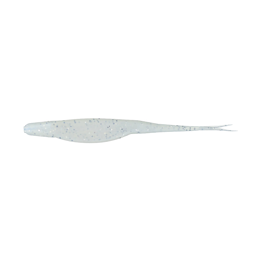 The Zoom Super Fluke by Zoom is a translucent, soft plastic bait shaped like a slender minnow, featuring subtle speckles and a forked tail—ideal for bass fishing.