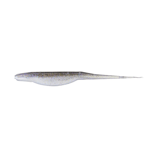 The Zoom Super Fluke by Zoom is a soft plastic baitfish lure with a streamlined, tapered body, silver and translucent with dark speckles—perfect for bass fishing.