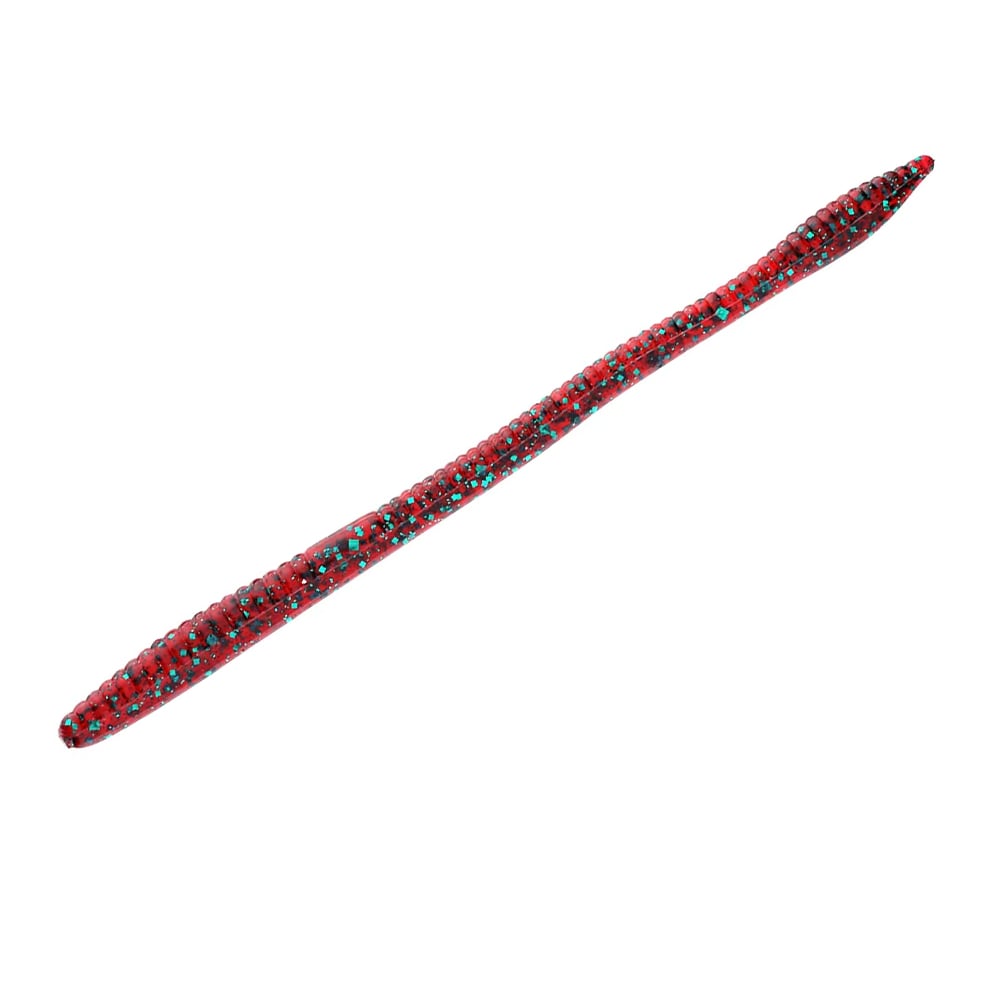 A close-up of a red and black fishing lure, similar to Zoom Trick Worms by Zoom, mimicking a worm with a textured surface and small speckles, ideal for attracting shallow water bass against a white background.