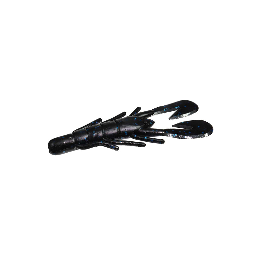 The Zoom UV Speed Craw by Zoom is a black and blue speckled soft plastic crawfish-shaped lure with two large claws and multiple small appendages, ideal as a vibrating jig trailer, shown on a white background.
