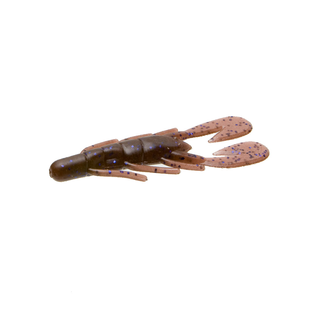 The Zoom UV Speed Craw by Zoom is a brown and purple soft plastic crawfish-shaped lure with a segmented body, two large claws, and small legs—ideal for bass fishing or as a swim jig trailer—shown on a white background.