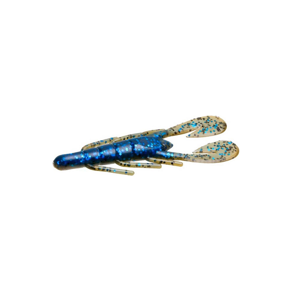 The Zoom UV Speed Craw by Zoom is a soft plastic lure shaped like a crawfish, with a blue body, black and blue speckles, and wide flat claws—ideal for bass fishing or as a swim jig trailer—shown on a white background.