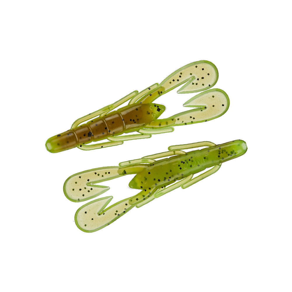 Two green and brown Zoom UV Speed Craw soft plastic lures by Zoom, shaped like crawfish with black speckles, are shown on a white background—perfect as bass fishing lures or swim jig trailers.
