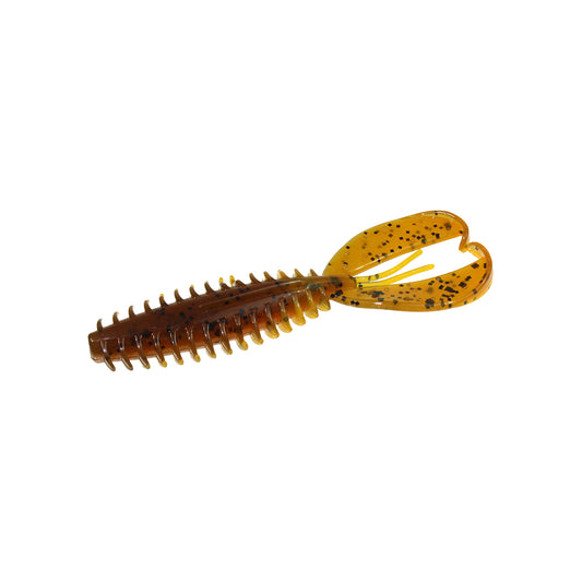 The Zoom Z-Craw Jr. by Zoom is a soft plastic bass lure shaped like a crawfish, featuring a ribbed brown body and two large flat orange claws with black speckles. Ideal for pairing with swim jigs, it's shown on a white background.