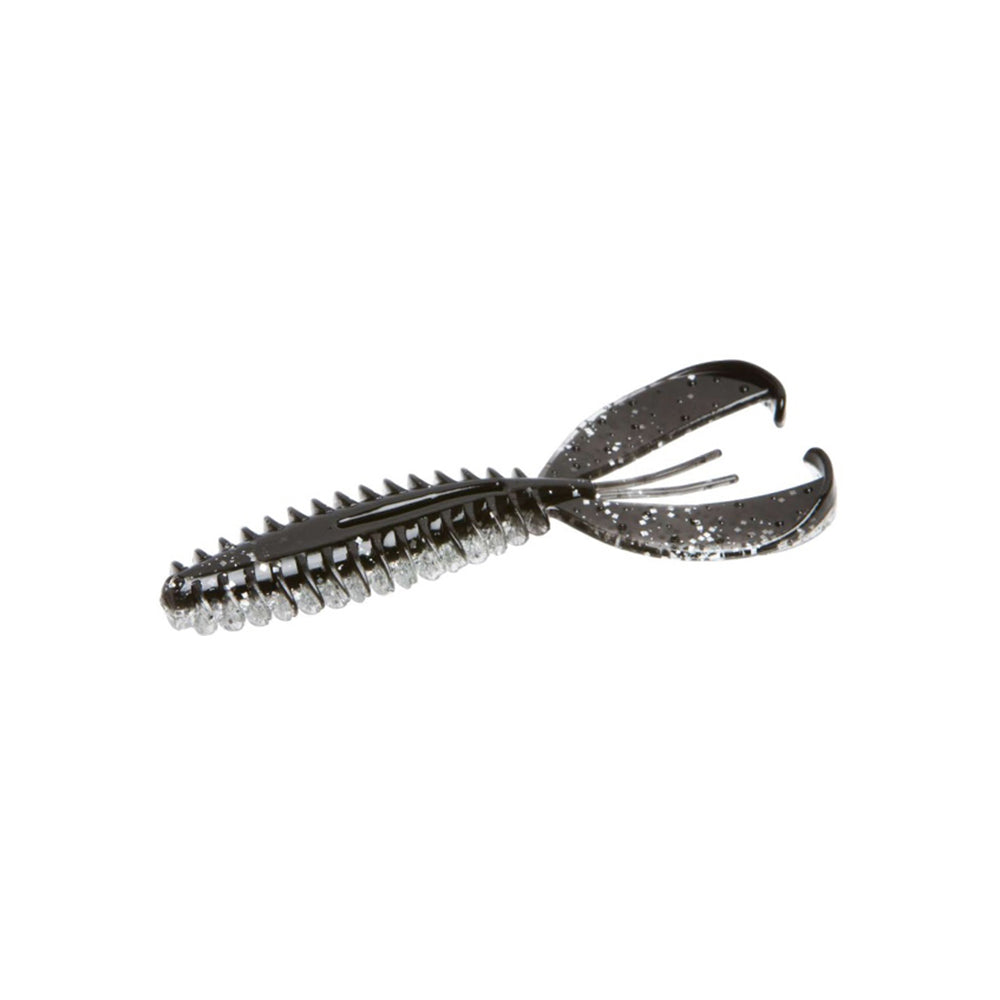 The Zoom Z-Craw Jr. by Zoom is a soft plastic bass lure with claw-like appendages and a ribbed, segmented body in black and silver glitter—ideal as a trailer for swim jigs.