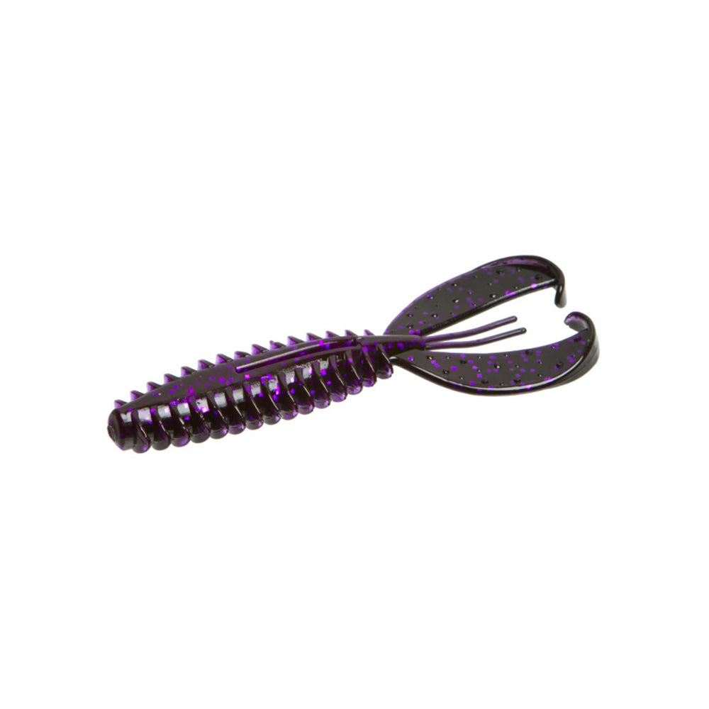 The Zoom Z-Craw by Zoom is a soft plastic fishing lure shaped like a crawfish, with an elongated body, two large claw-like appendages, and a dark purple color accented by small blue speckles.