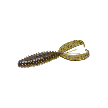 The Zoom Z-Craw Jr. by Zoom is a soft plastic bass lure shaped like a crawfish, colored brown and olive green with black speckles, featuring a ribbed body and two large claws—ideal for swim jigs.