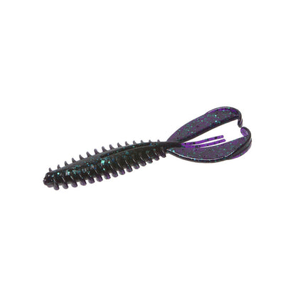 The Zoom Z-Craw Jr. by Zoom is a soft plastic bass lure with a ribbed dark body, blue and purple glitter, and two flat, curved appendages—perfect for swim jigs or as a Z Craw Jr. trailer.