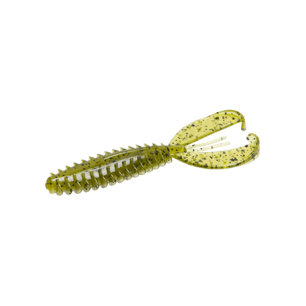 The Zoom Z-Craw Jr. by Zoom is a green, ribbed soft plastic bass lure with black speckles and two claw-like appendages, resembling a crawfish—ideal for swim jigs and triggering big bites.