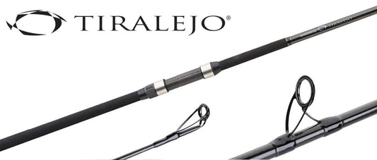 Close-up images of the Shimano Tiralejo 10'6" Medium Surf Spinning Rod TRS106MA highlighting the Shimano logo, handle, Fuji stainless steel guides, and its sleek black finish.