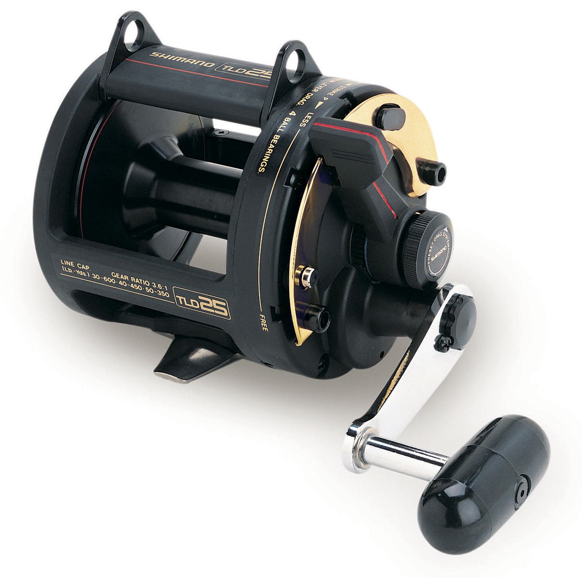 A close-up of the Shimano TLD 25 Lever Drag Fishing Reel by Shimano, featuring a black and gold design with a silver crank handle, shown on a white background.