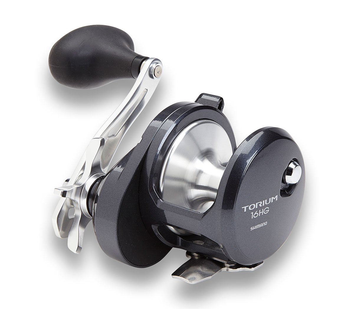 A close-up of the Shimano Torium 16HGA Star Drag Fishing Reel with a metallic finish, large handle, and polished spool from Shimano, shown against a white background.