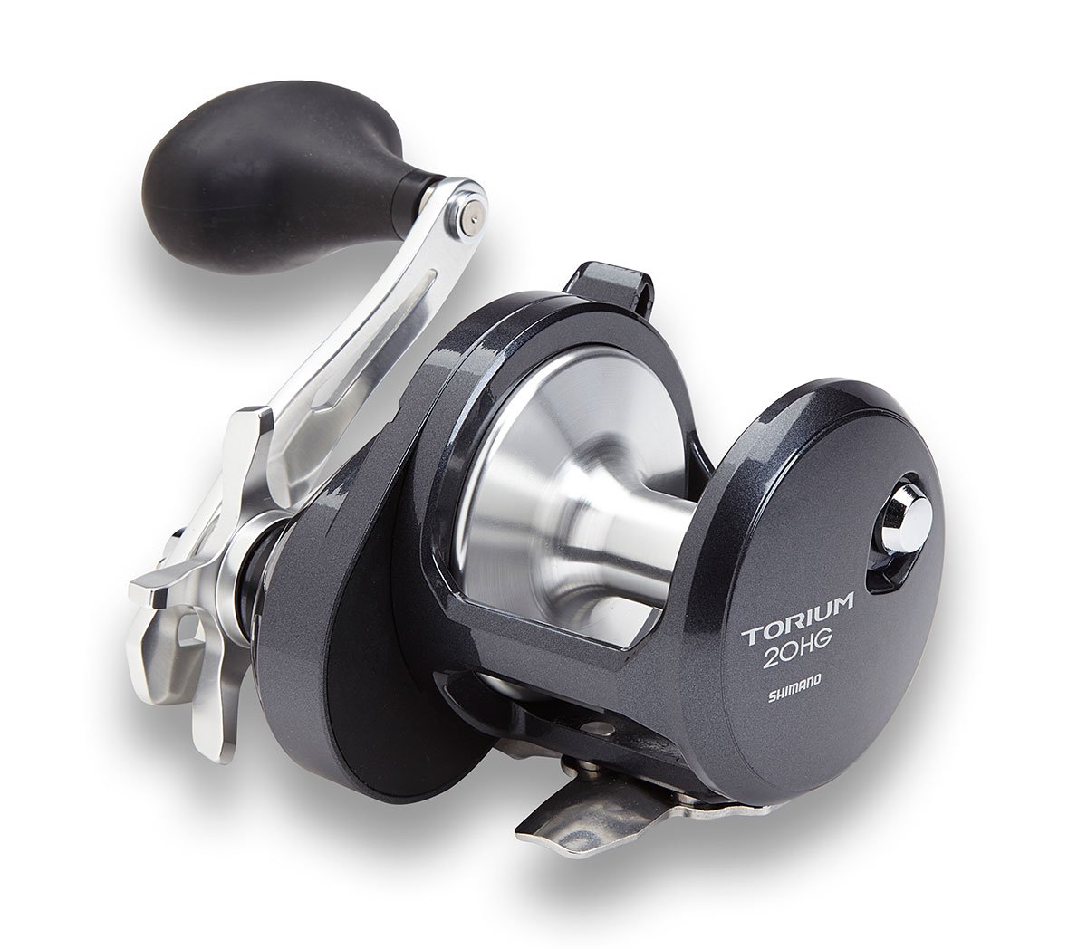 A close-up of the Shimano Torium 20HGA Star Drag Fishing Reel by Shimano, featuring a metallic body, large spool, black handle grip, and visible branding against a white background.