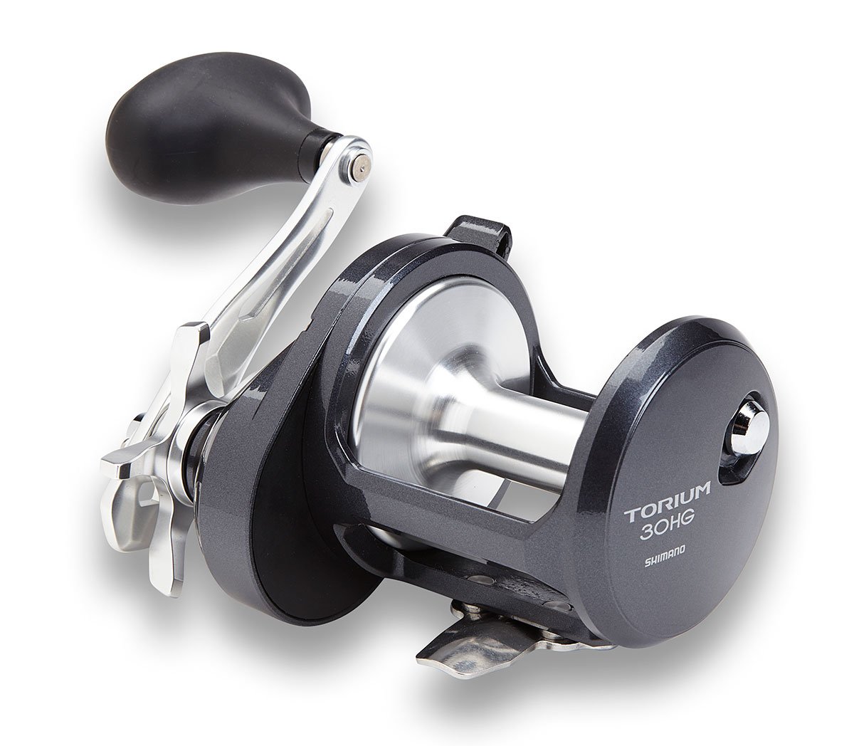 The Shimano Torium 30HGAL Saltwater Reel features a sleek silver and black design with "Shimano" branding, a left-side crank handle, and prominently displays "Torium 30HG" on its side. It incorporates a star drag system for smooth and efficient fishing experiences.