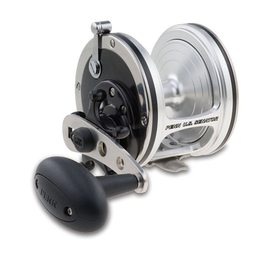 A silver and black Penn US Senator Conventional Fishing Reel US113 with a large handle is displayed on a white background, reminiscent of classic Penn models made in the USA.