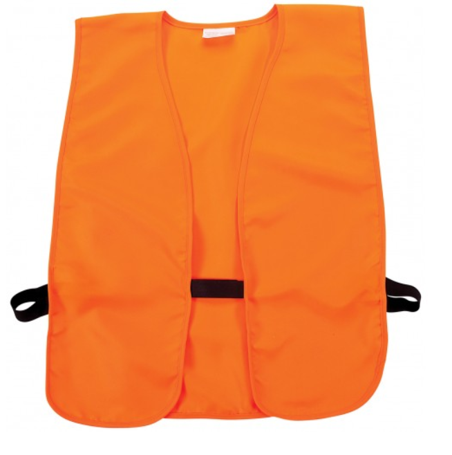 The Allen Safety Vest Blazer Orange Adult by americanlegacyfishing is a high-visibility orange vest with a black horizontal strap and secure Velcro ties for safety.