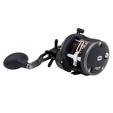 The Penn Warfare Level Wind Reel | WAR15LW by Penn features a large handle, silver accents, and visible spool with HT-100 drag washers—ideal for saltwater or heavy-duty fishing.