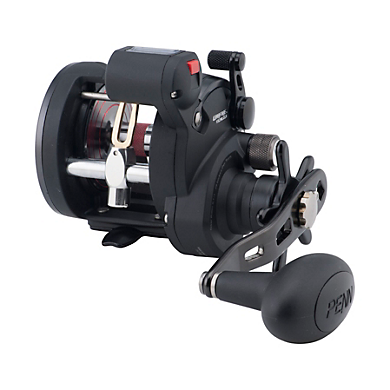 The Penn Warfare Level Wind Reel Line Counter Left Hand (WAR15LWLCLH) by Penn features a black finish, large ergonomic handle, visible spool, and robust metal parts—perfect for anglers seeking a dependable left hand fishing reel.