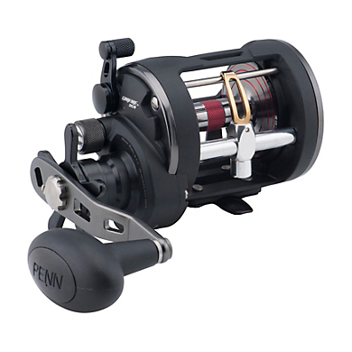 The Penn Warfare Level Wind Reel (WAR20LW) by Penn is a black reel with a large handle, metal spool, and lever. Ideal for deep sea or heavy-duty fishing, it features HT-100 drag washers for smooth, reliable performance.