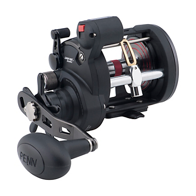 A close-up of the Penn Warfare Level Wind Reel Line Counter (WAR20LWLC) by Penn, featuring a black body, large handle, visible spool, and metal parts—ideal for deep-sea or sport fishing.