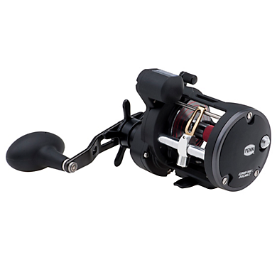 The Penn Warfare Level Wind Reel Left Hand (WAR20LWLH) by Penn, featuring a large handle and visible spool in black, is built for heavy-duty fishing—ideal for anglers needing power and reliability.