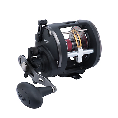 The Penn Warfare Level Wind Reel (WAR30LW) by Penn, in black and silver with a large "PENN"-labeled handle and red-gold spool accents, features durable HT-100 drag washers for smooth, versatile fishing.