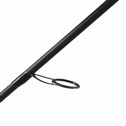 A close-up of the Dobyns Xtasy 7'2" Medium Light Spinning Rod (DRX 722SF) highlights its sleek design with a Fuji Torzite guide ring. Positioned diagonally against a white backdrop, the rod's black finish is accentuated as the ring protrudes underneath.
