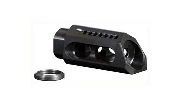 The Yankee Hill Machine YHM-3085-MB-A Phantom Slant Muzzle Brake .308 5/8"-24 by americanlegacyfishing offers superior recoil reduction with angled vents and includes a washer, ideal for .30 cal applications.
