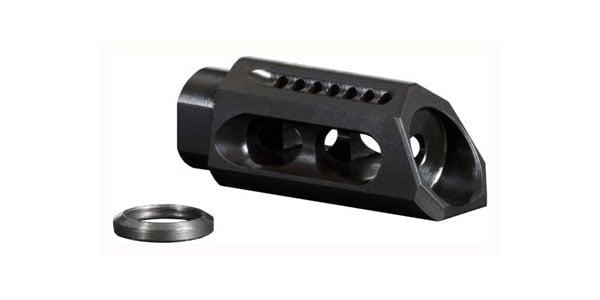The americanlegacyfishing Yankee Hill Machine YHM-85-MB-A Phantom Slant Muzzle Brake 7.62 1/2" X36 is shown in black with angular edges and side ports beside a small metal washer on a plain white background.